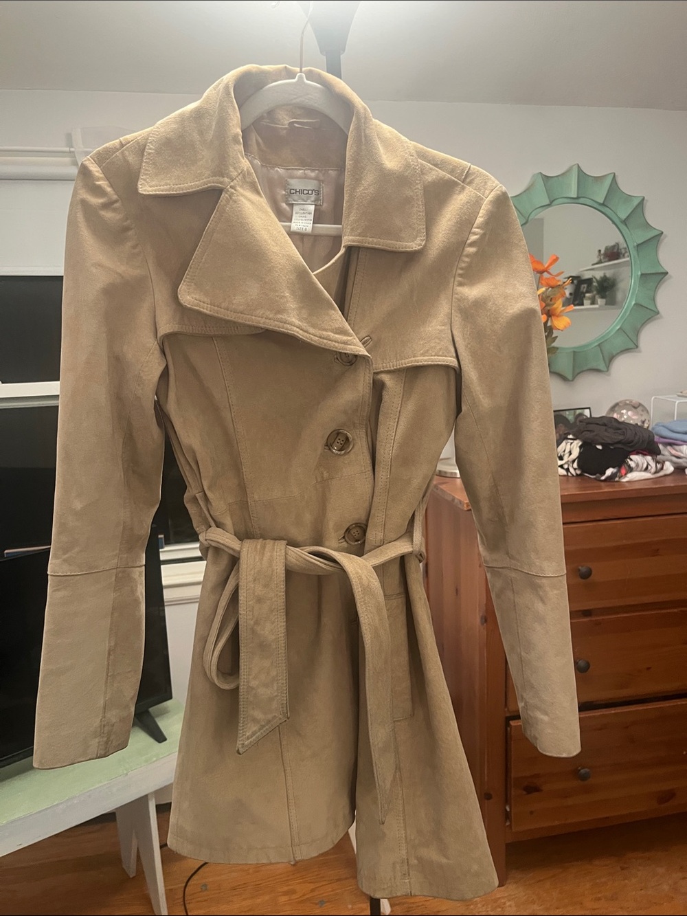 Chico's Tan Suede Leather Trench Coat with Tie Belt